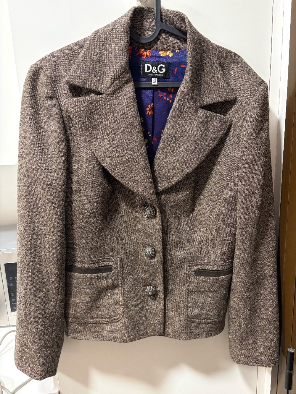 D&G Dolce & Gabbana Wool Blend Tweed Blazer, Rhinestone Buttons, IT 46